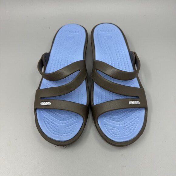 Crocs Patricia Sandals 10386 Strappy Wedge  Blue Brown Size 8 - Picture 5 of 8